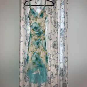 Blue and white flower high low dress